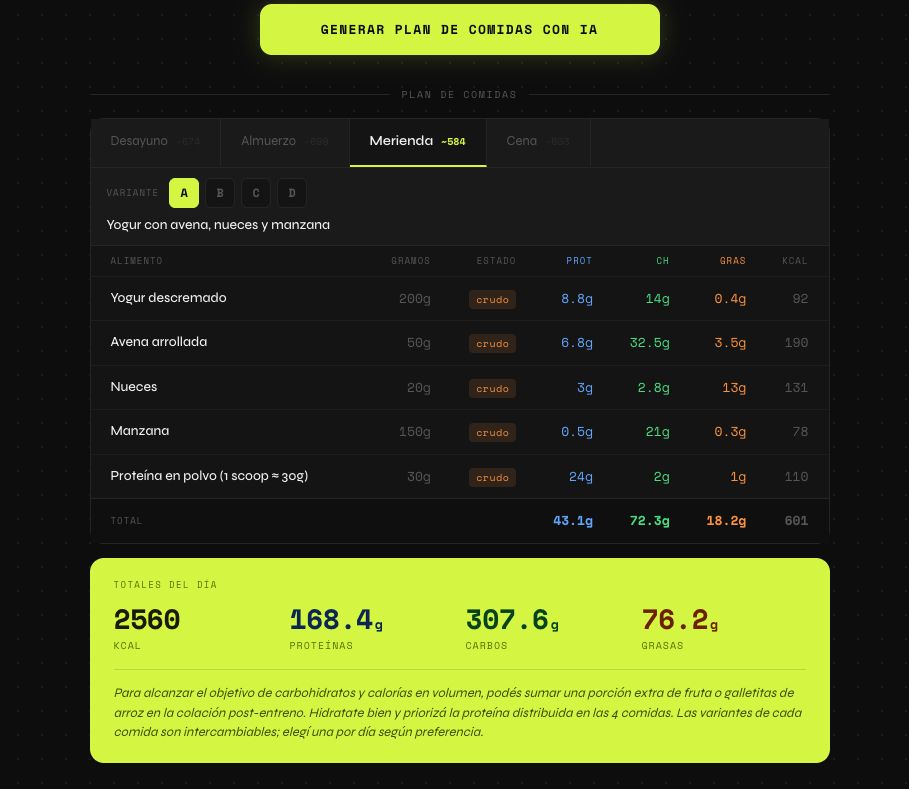 Macro-IA — meal plan generated by AI with macro breakdown