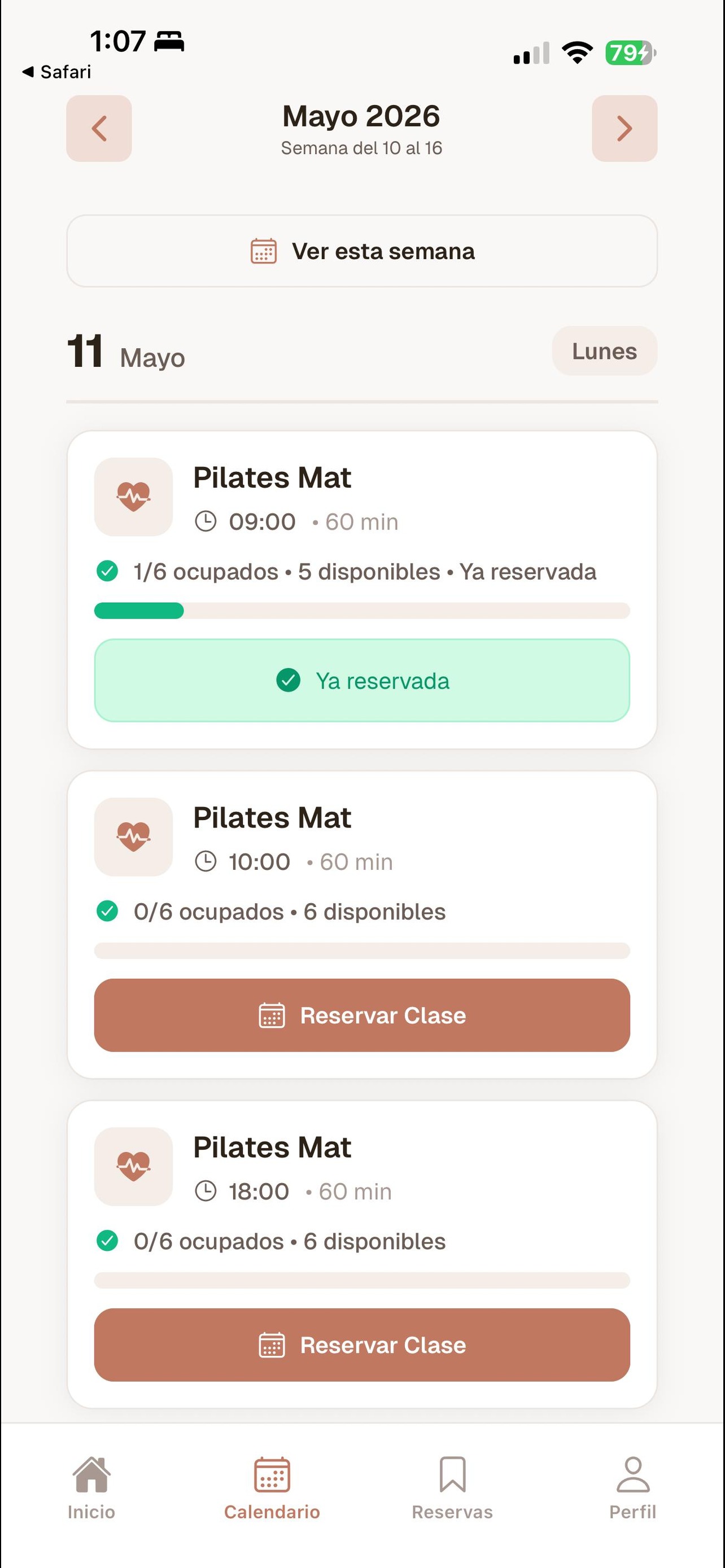 MDB Pilates — pantalla de calendario de clases