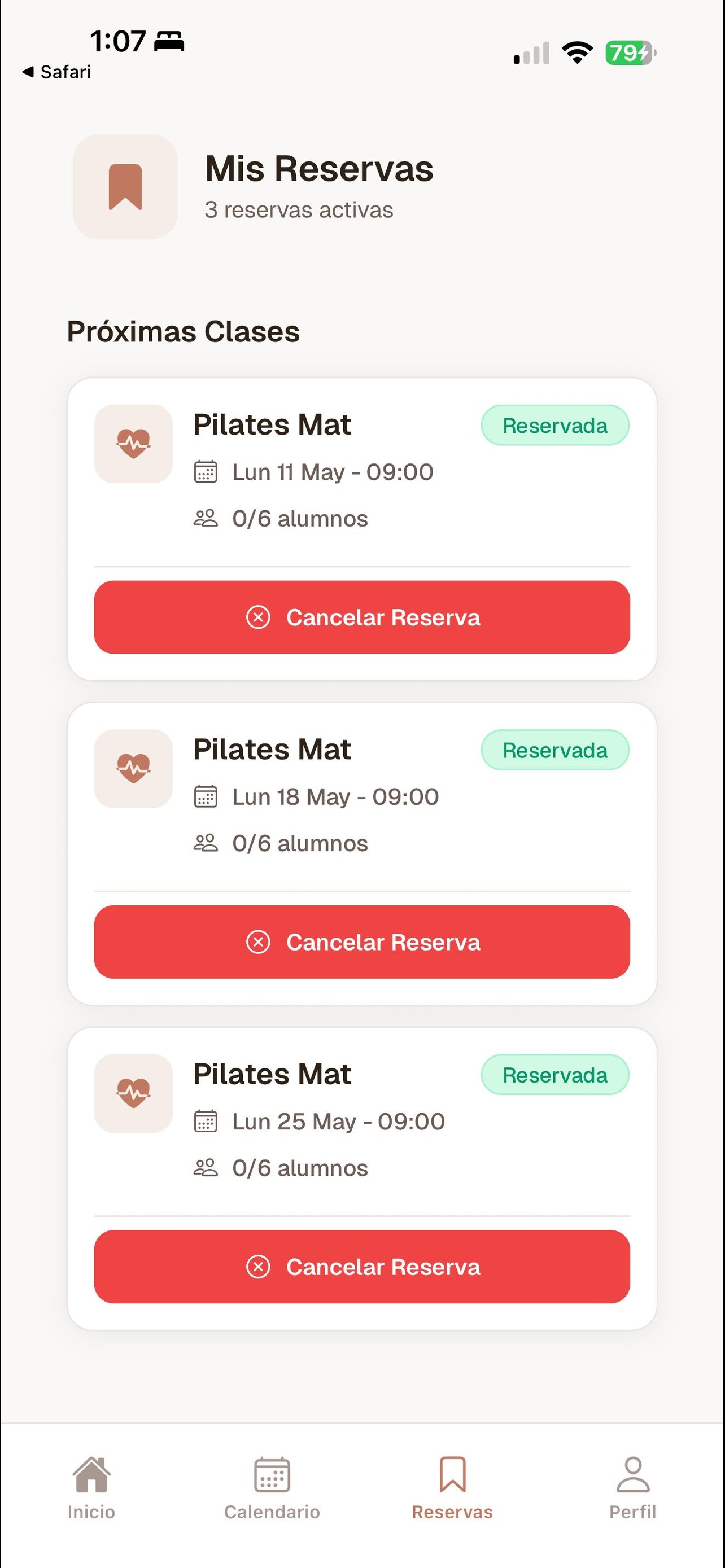 MDB Pilates — pantalla de reservas